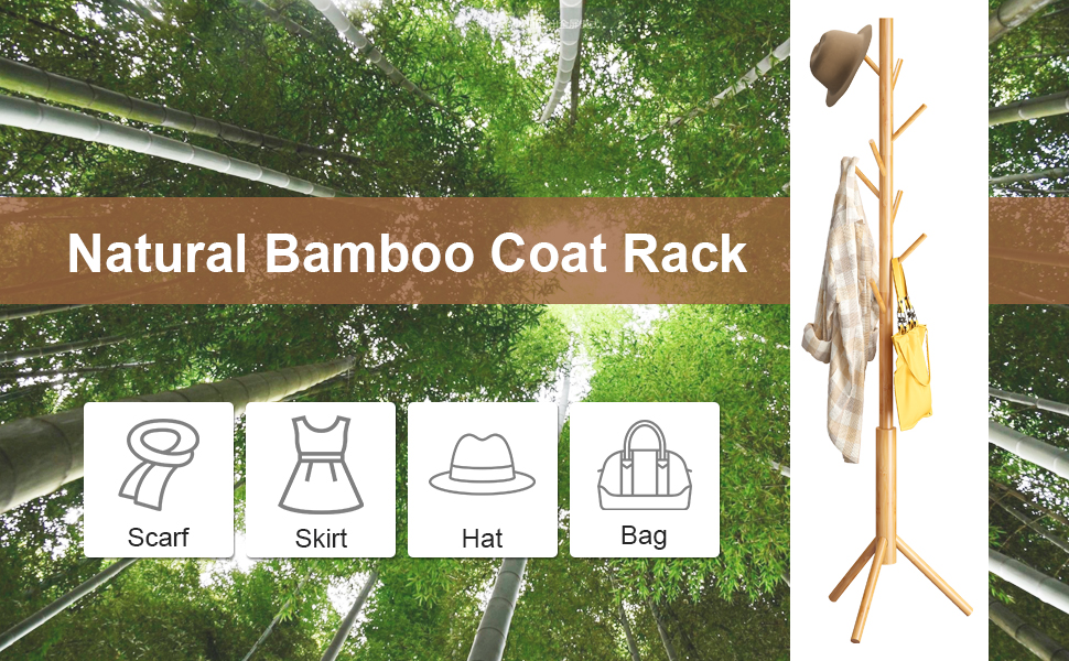 8 Hooks Adjustable Wooden Cloth Rack Easy Assembly Coat Hanger Stand Bamboo Coat Rack Tree Freestanding Coat Racks For Clothes