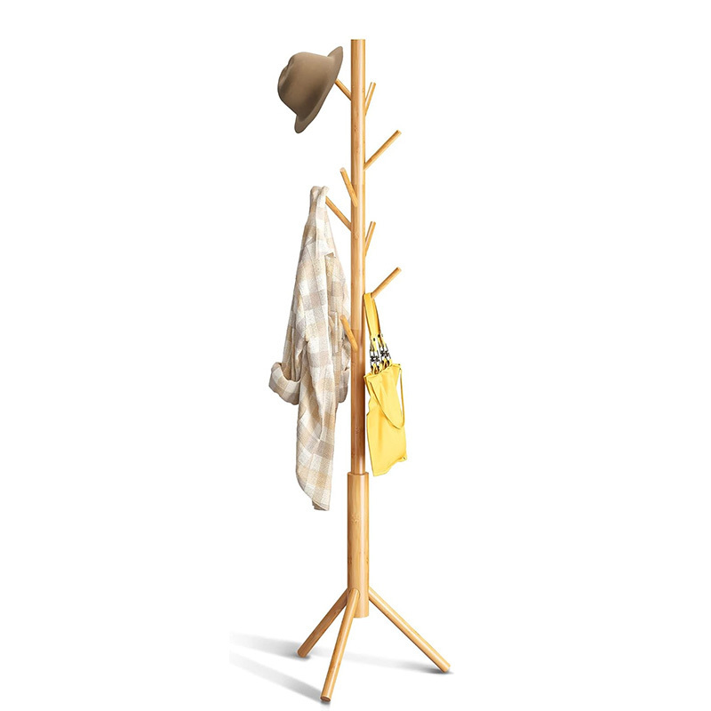 8 Hooks Adjustable Wooden Cloth Rack Easy Assembly Coat Hanger Stand Bamboo Coat Rack Tree Freestanding Coat Racks For Clothes