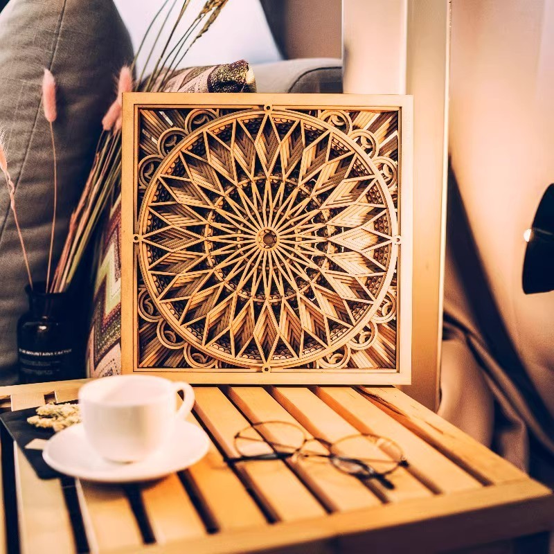 Wooden Mandala 3D Layered Wall Art Decor Spiritual carving prints craft decorative golden mandala wall hanging panel wood frame