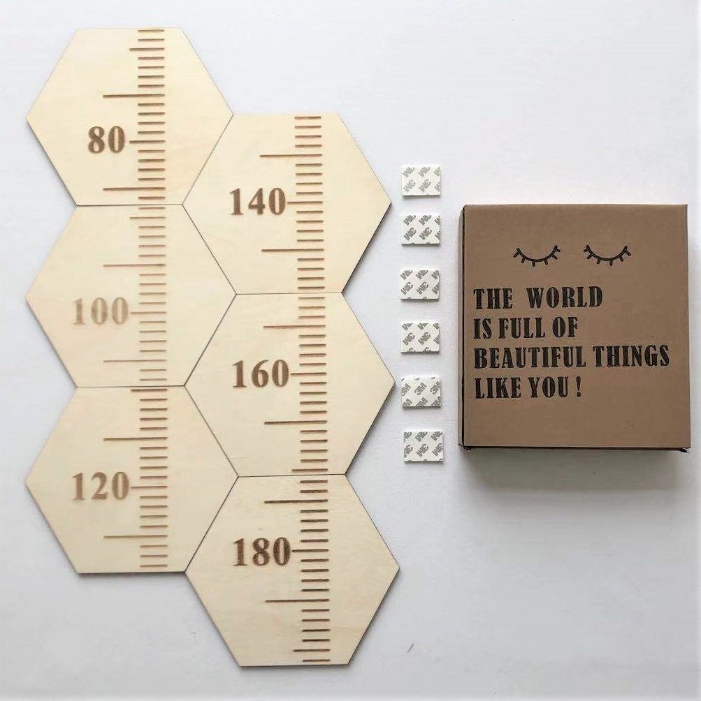 Nursery Hanging Wall Decor Wooden Meter Ruler Hexagon Wooden Height Growth Chart for Kids Boys Girls Toddlers Baby Gifts