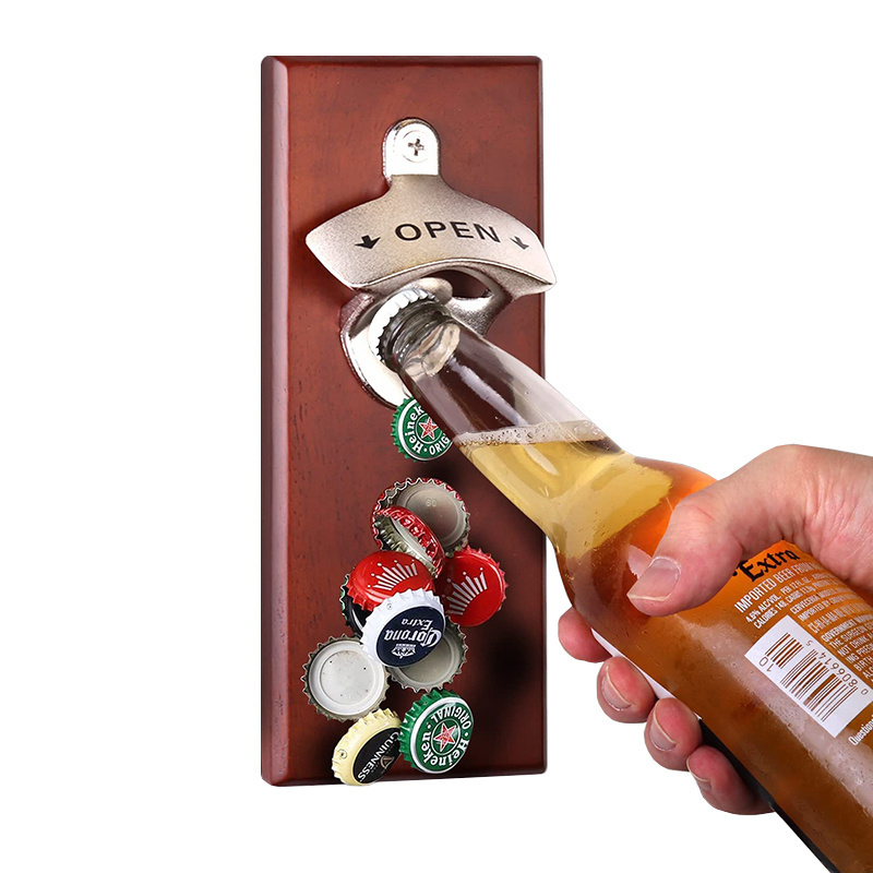 Strong Magnetic Bottle Opener Metal Wood Wall Mounted Beer Opener with Auto-Catch Cap Catcher Great Gifts for Men Dad Husband