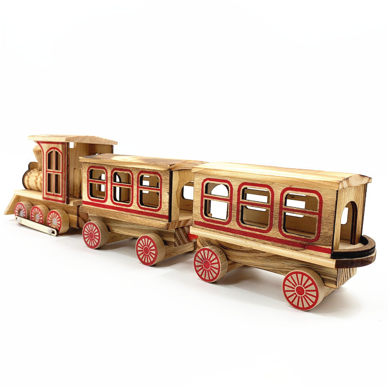 3D Wooden Train Antique Wooden Children's Puzzle Model Toy Creative Craft Gift Ornament