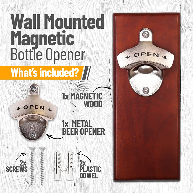 Strong Magnetic Bottle Opener Metal Wood Wall Mounted Beer Opener with Auto-Catch Cap Catcher Great Gifts for Men Dad Husband