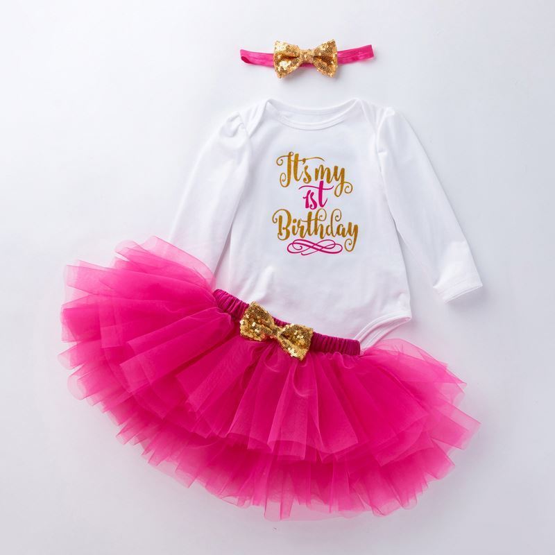 Baby Girl 3pcs Tutu Romper Set With Headband Toddler 1st Birthday Party Clothes Romper 2 Years Birthday Dress For Baby Girl