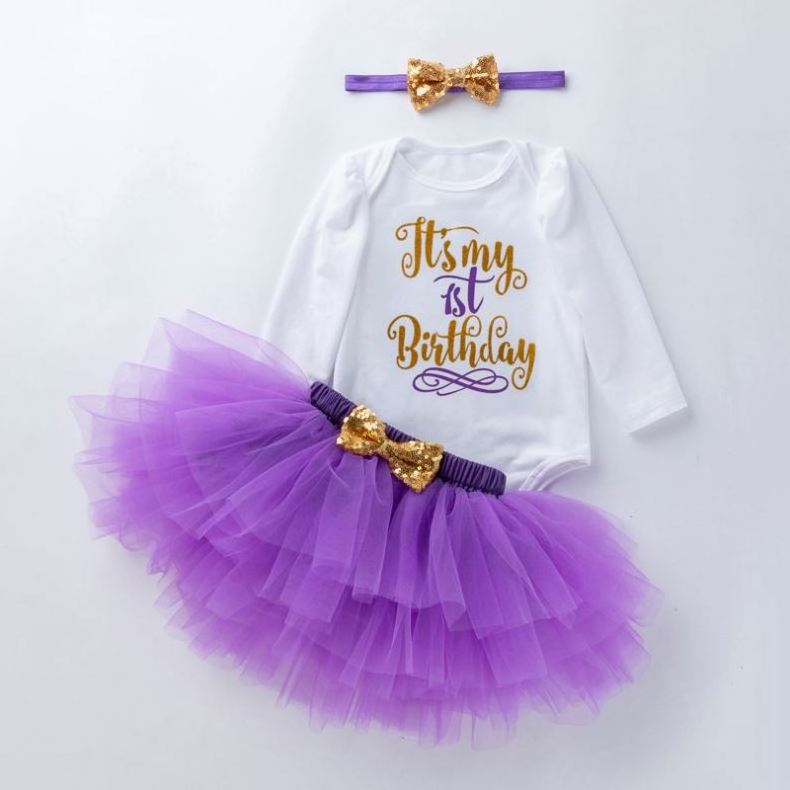 Baby Girl 3pcs Tutu Romper Set With Headband Toddler 1st Birthday Party Clothes Romper 2 Years Birthday Dress For Baby Girl