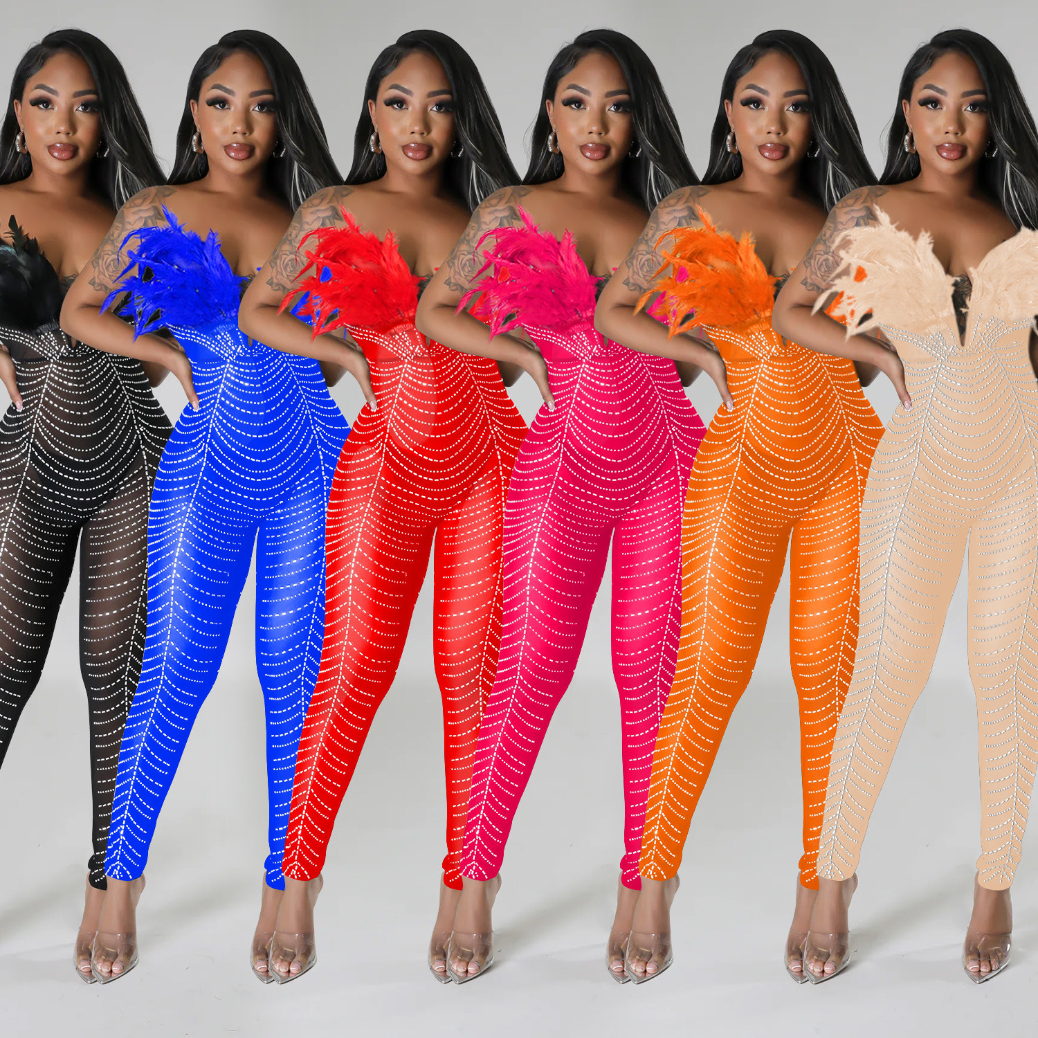 X54046  hot sale mesh sleeveless strapless bling see through rhinestone feather bodycon sexy long rompers women jumpsuit