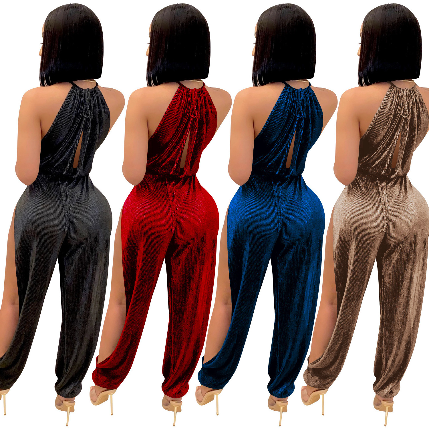 X51021 Fit Sexy Velour Sleeveless Women Jumpsuit