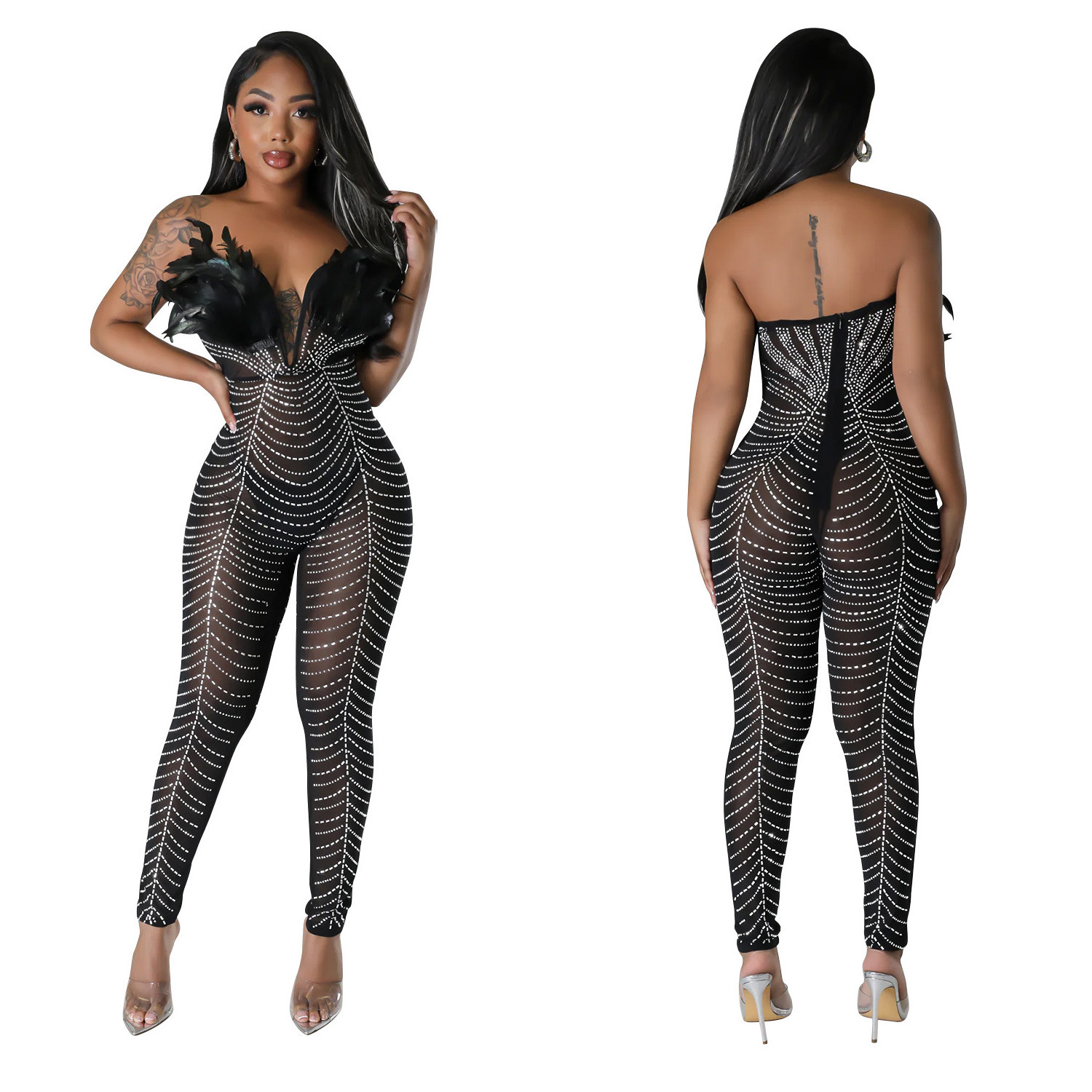 X54046  hot sale mesh sleeveless strapless bling see through rhinestone feather bodycon sexy long rompers women jumpsuit