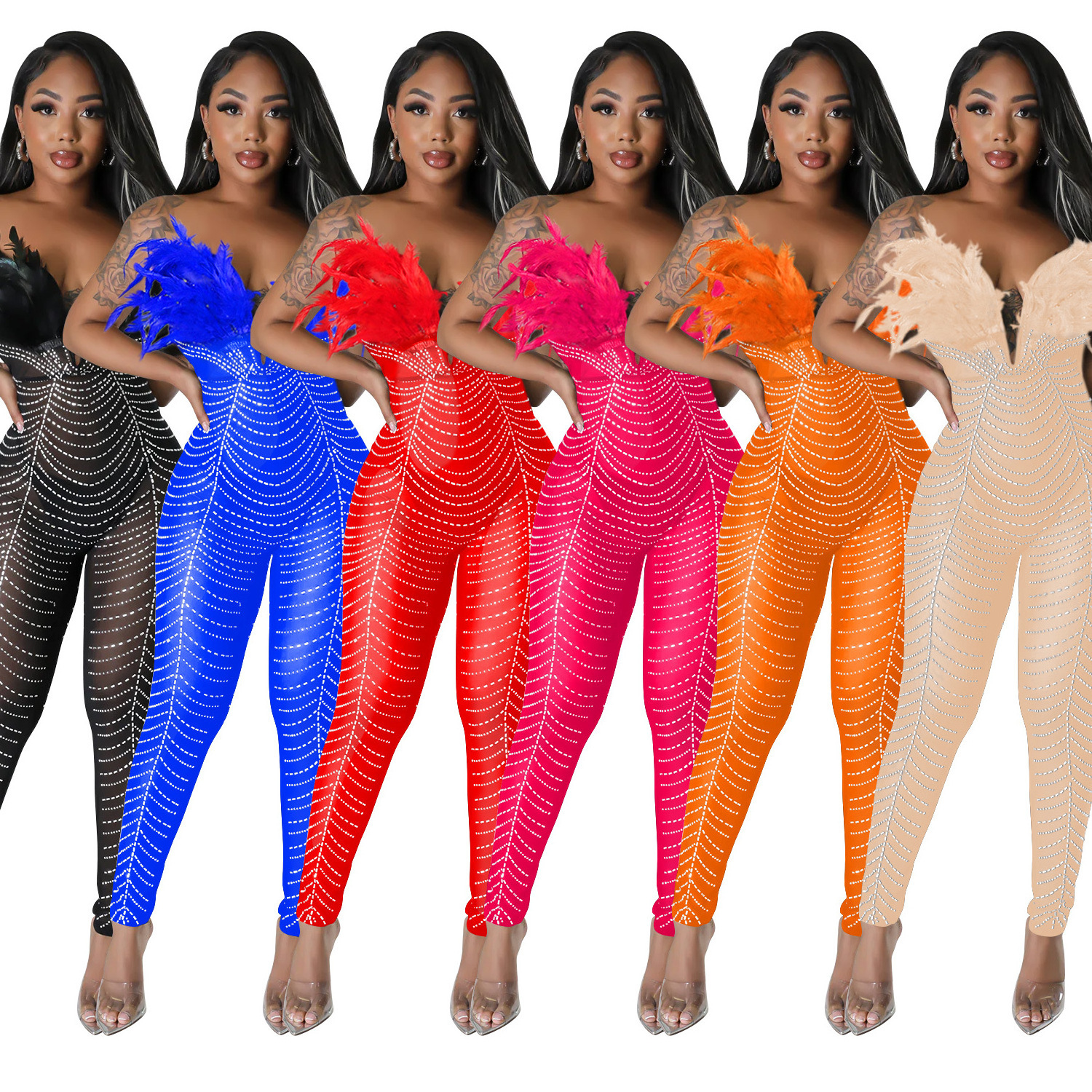 X54046  hot sale mesh sleeveless strapless bling see through rhinestone feather bodycon sexy long rompers women jumpsuit