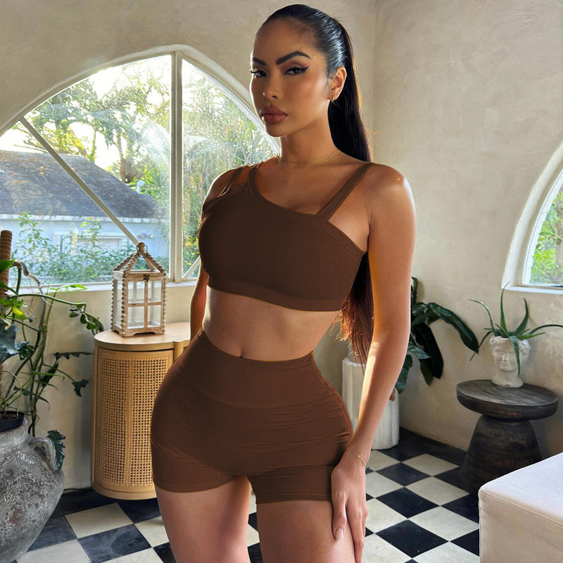 L33279 - trendy sport bodycon sleeveless crop top and shorts plain 2 piece set women