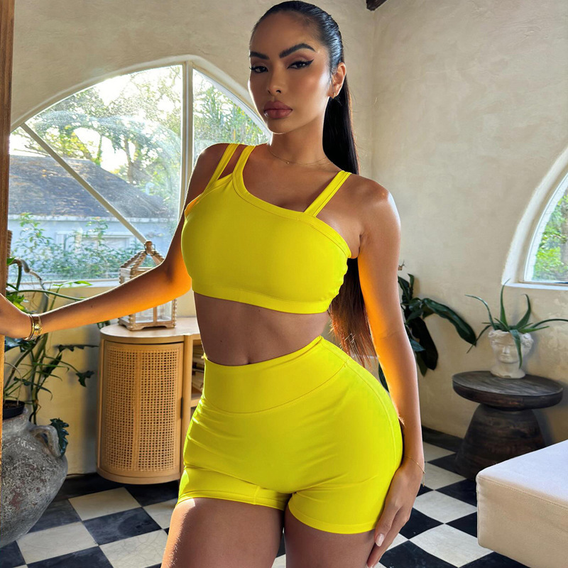 L33279 - trendy sport bodycon sleeveless crop top and shorts plain 2 piece set women