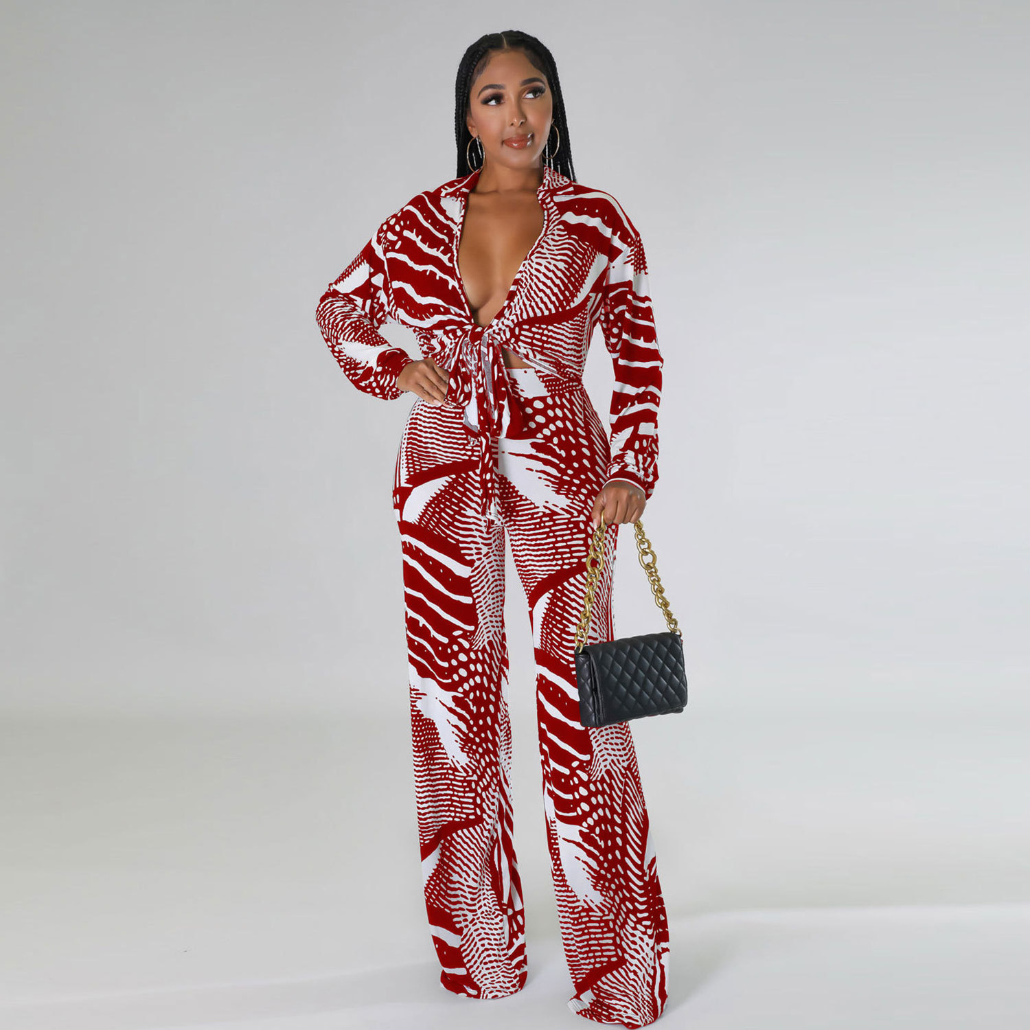 T3188 fashion casual printed v neck long sleeve strap top and pants women 2 piece set