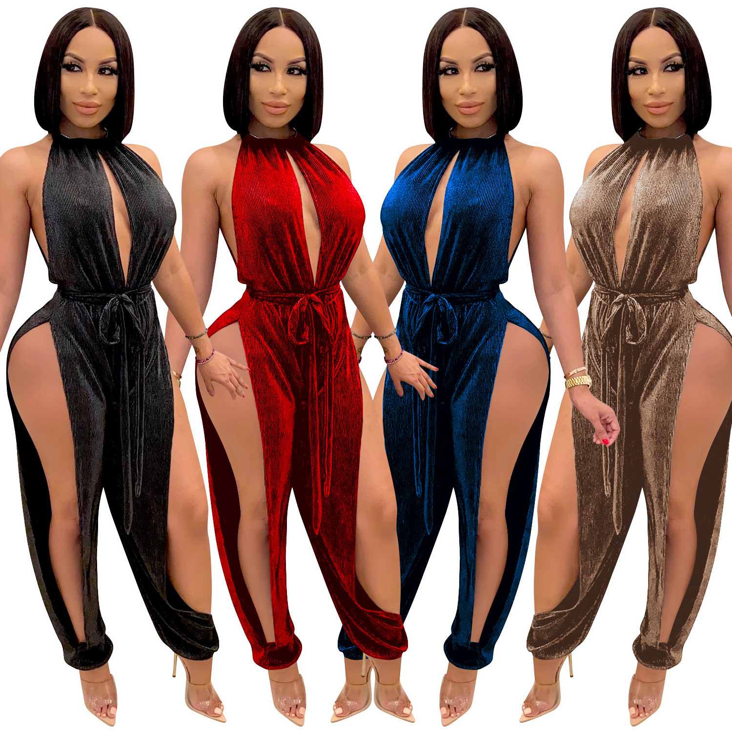 X51021 Fit Sexy Velour Sleeveless Women Jumpsuit