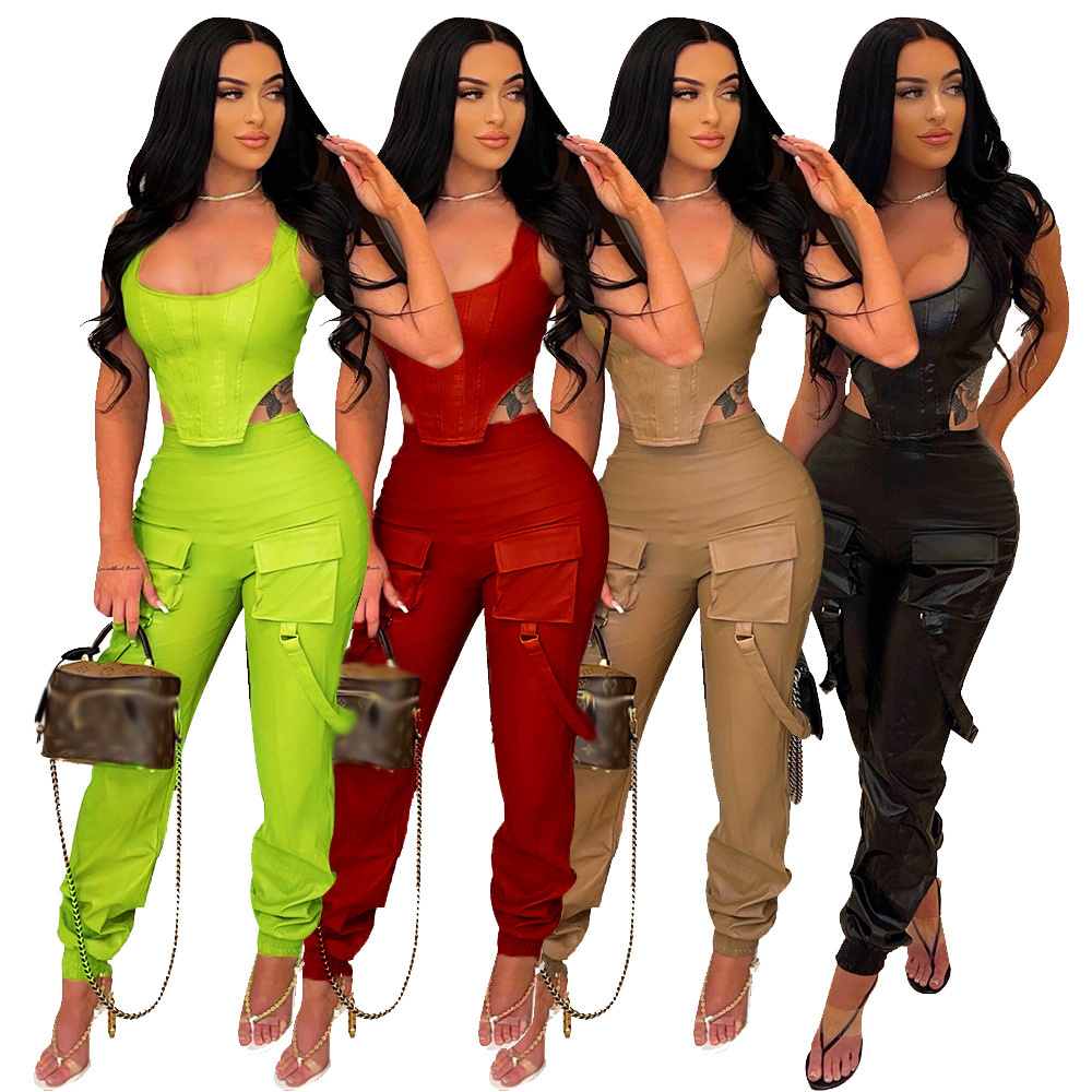 S6658 top and pants fashion casual sleeveless leather PU pockets women two piece pants set