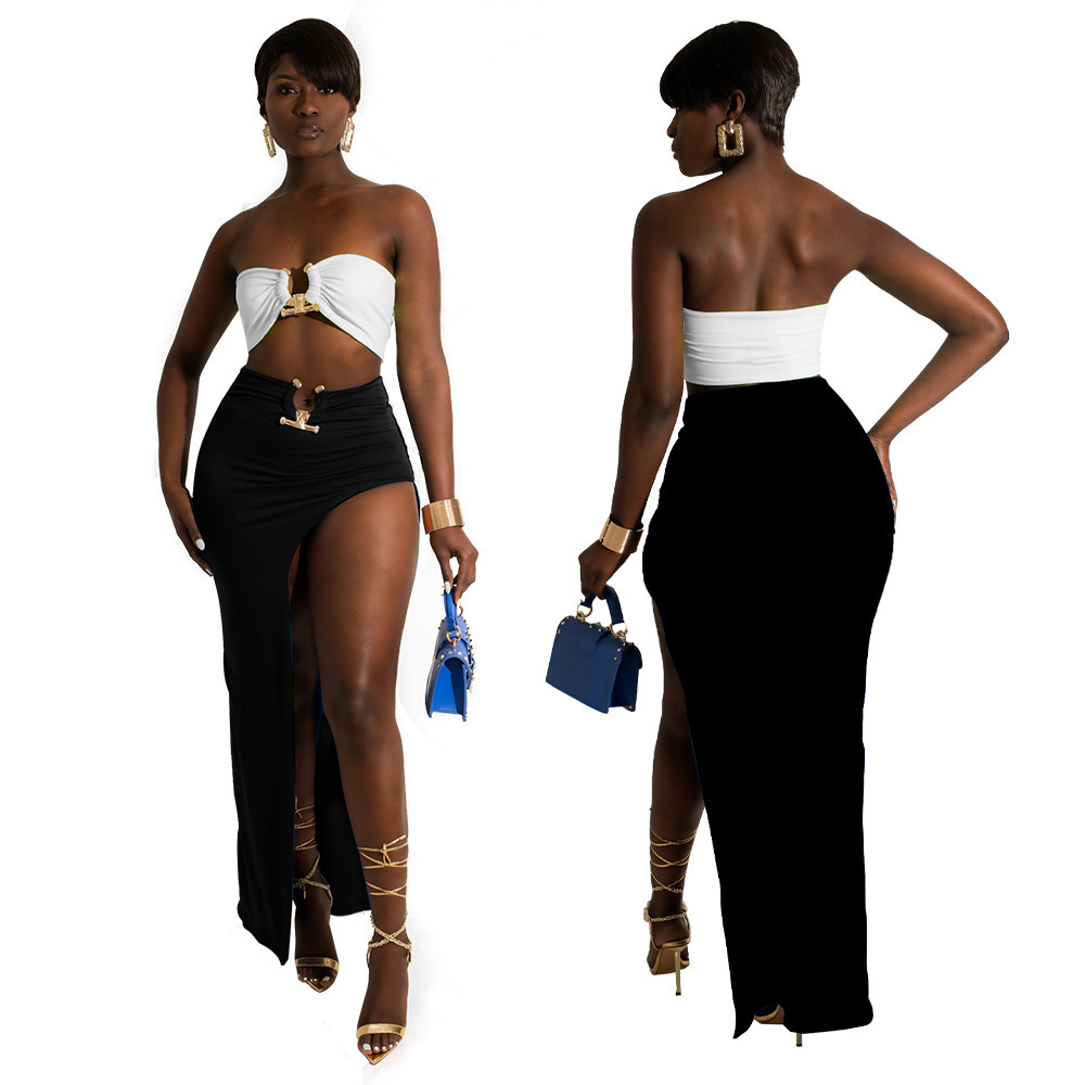 M58058 women fashion sexy cleavage strapless hollow out crop top and maxi skirt 2 piece set