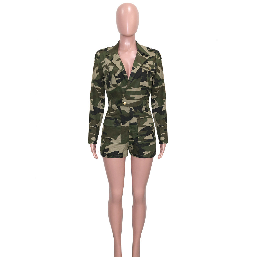 S61124 fashion casual long sleeve camouflage printed women rompers short jumpsuit