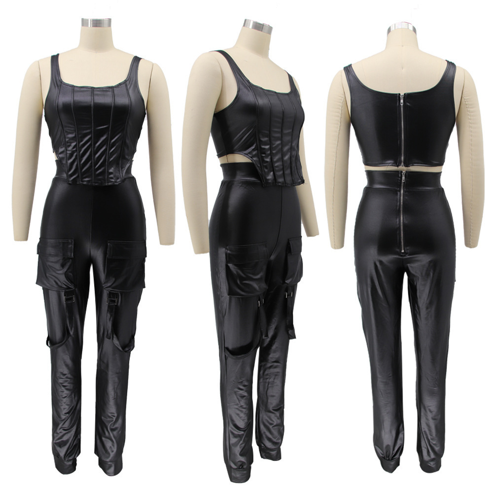 S6658 top and pants fashion casual sleeveless leather PU pockets women two piece pants set