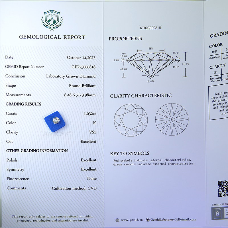 CVD 1.032 Carat K Color VS1 Clarity 3EX Round Brilliant Cut Loose Lab Grown Certified Diamond Gemstones for Making Jewelry