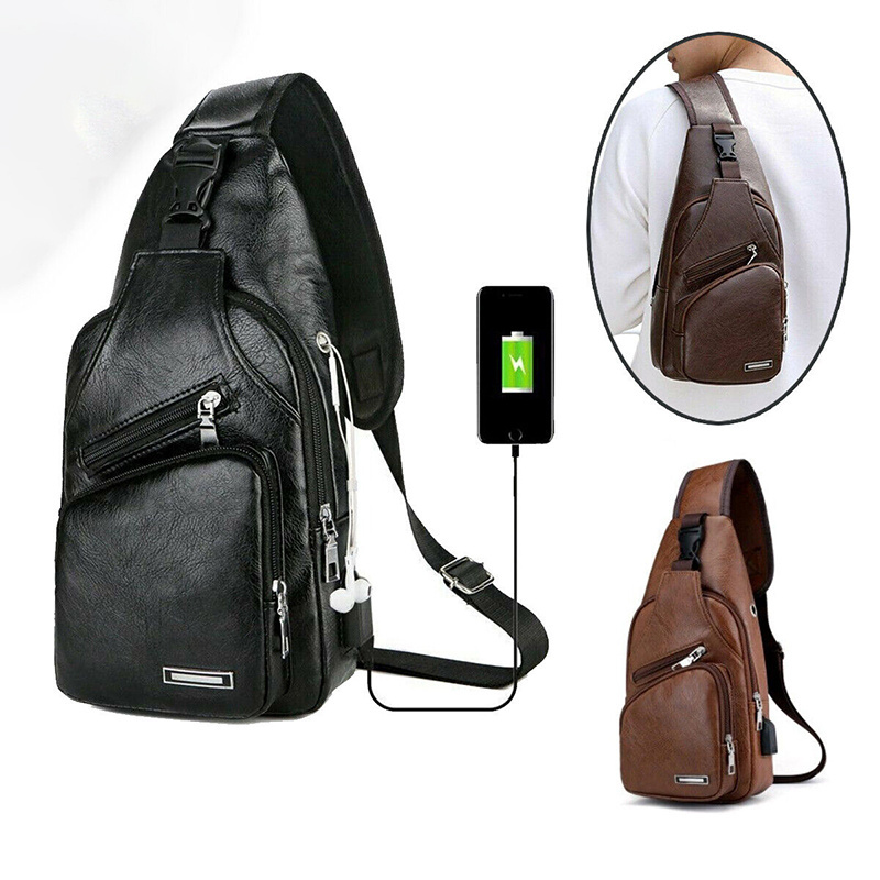 New Korean Fashion Charging Men Chest Bag Outdoor PU Leather Single Shoulder Briefcase Leather Sling Bag