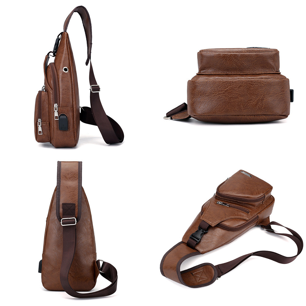 New Korean Fashion Charging Men Chest Bag Outdoor PU Leather Single Shoulder Briefcase Leather Sling Bag