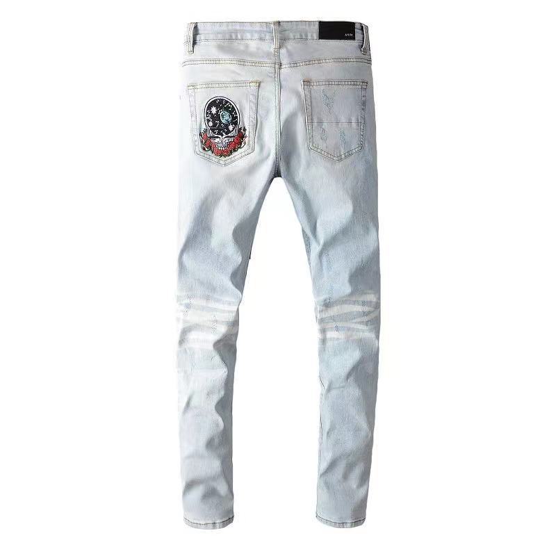 Men Denim Straight Pants With Embroidery Bear Patches Slim Fit Jeans For Man High Street Elastic Slim Men's Jeans