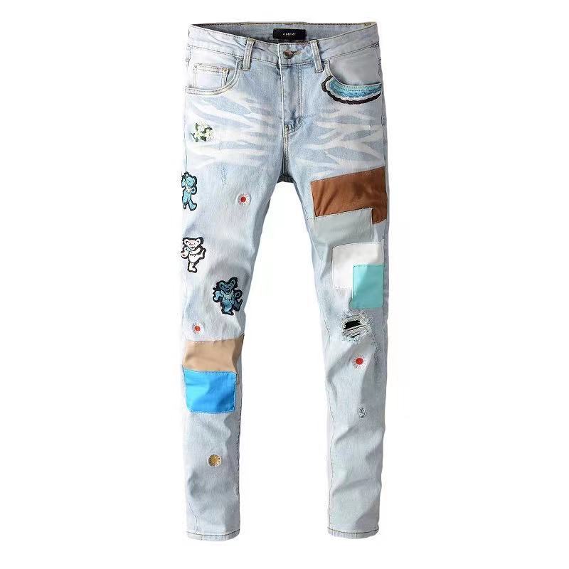 Men Denim Straight Pants With Embroidery Bear Patches Slim Fit Jeans For Man High Street Elastic Slim Men's Jeans