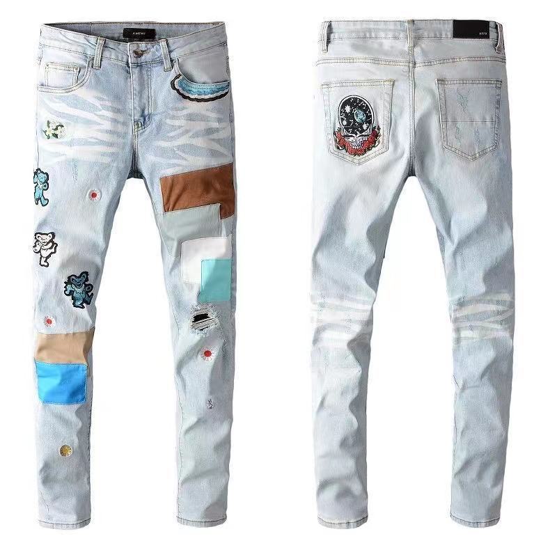 Men Denim Straight Pants With Embroidery Bear Patches Slim Fit Jeans For Man High Street Elastic Slim Men's Jeans