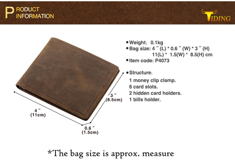 Custom Logo Wholesale Genuine Cowhide Crazy Horse Leather Bifold Wallet With Cash Clip