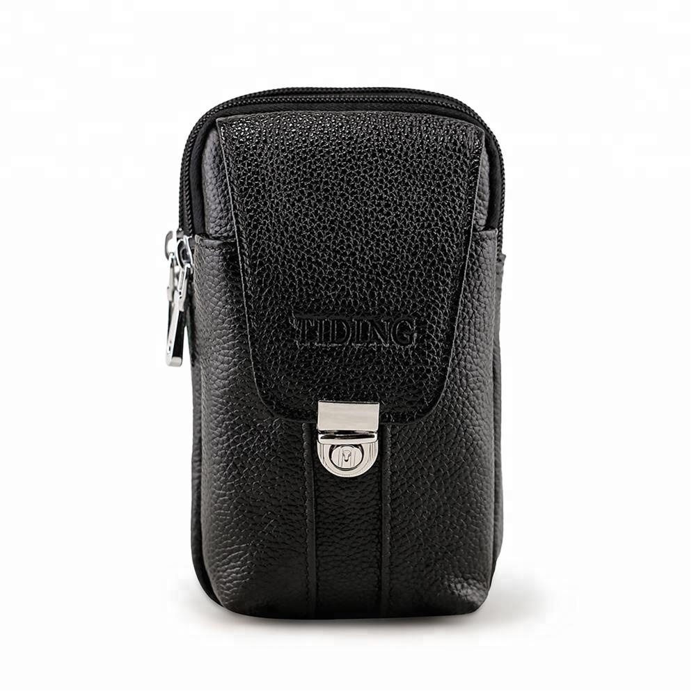 Mens Genuine Leather Black Small Hook Fanny Waist Bag Pack With Cellphone Phone Cases Cigarette Pouch