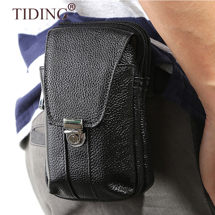 Mens Genuine Leather Black Small Hook Fanny Waist Bag Pack With Cellphone Phone Cases Cigarette Pouch