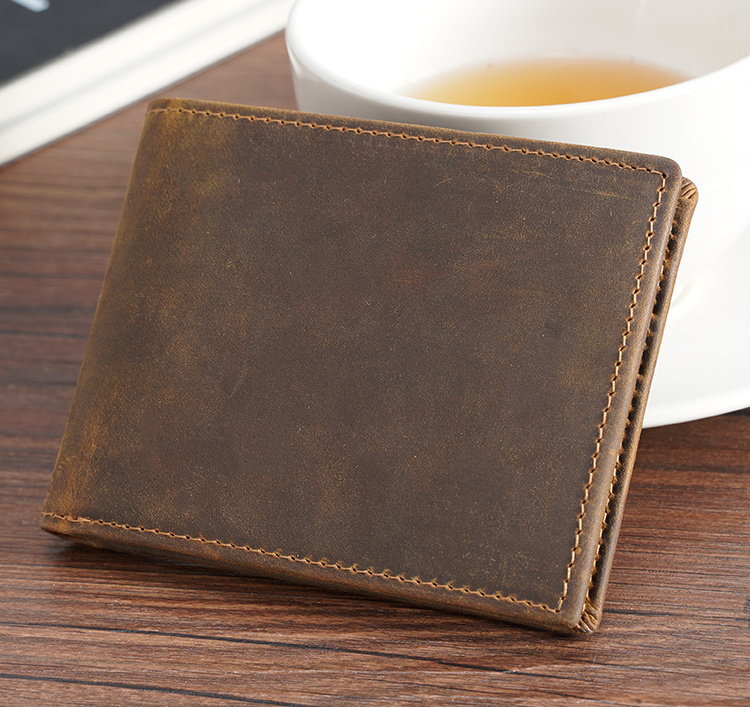 Custom Logo Wholesale Genuine Cowhide Crazy Horse Leather Bifold Wallet With Cash Clip