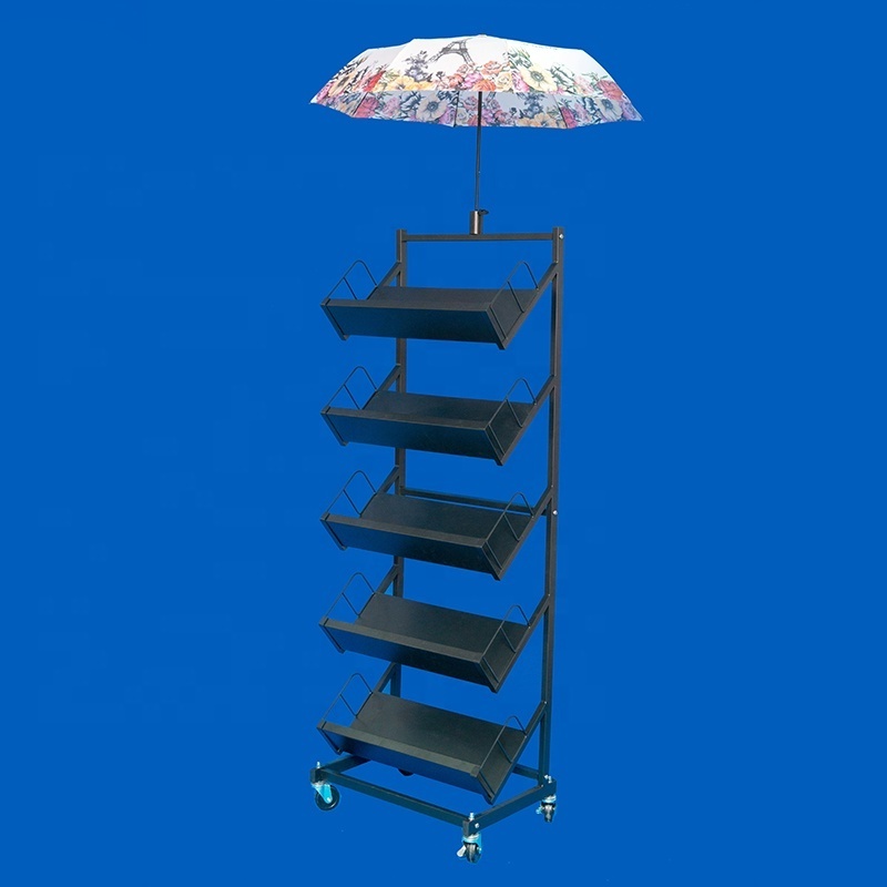 retail shop pop promotion multi layer floor stand  metal shelf umbrella exhibition fixture steel display rack