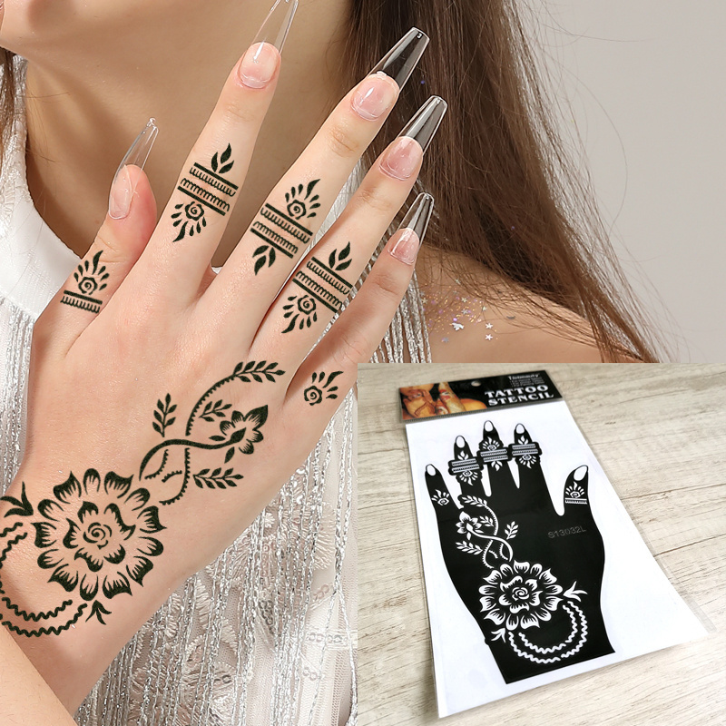 Factory Supply Classic Man Woman Beauty Reusable Black Waterproof DIY One Hand India Henna Mehndi Henna Stencils Sticker Tattoo