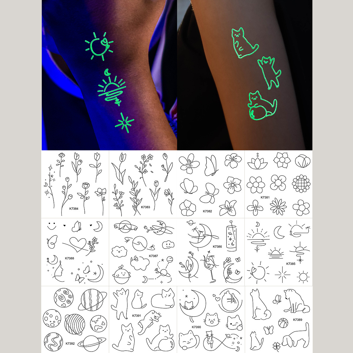 Glow In The Dark Tattoo Sticker Wholesale Cute Animal Fashion Tattoo Sketch Flower Butterfly Tattoo Stickers