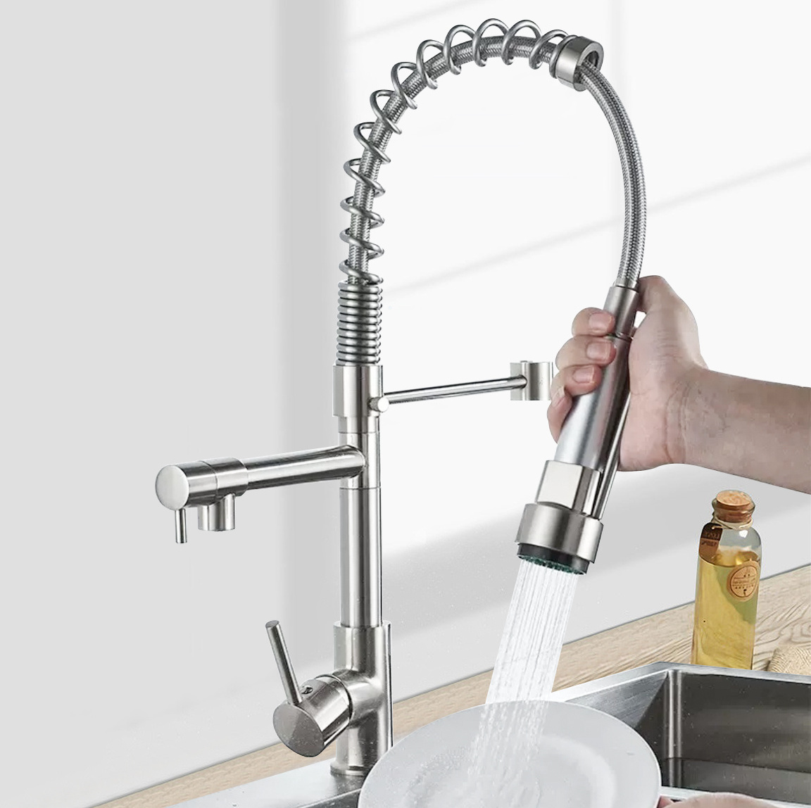 Sprayer Water Tap Single Lever Pull Out Kitchen Faucet 304 Stainless Steel Sink Monochrome Brass Double Outlet European Down