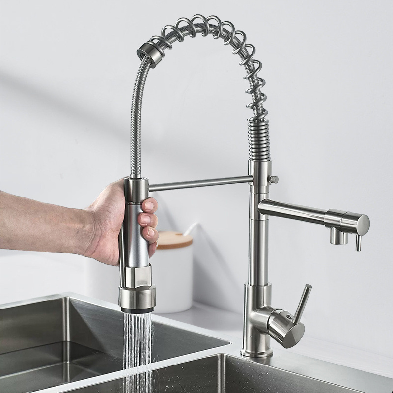 Sprayer Water Tap Single Lever Pull Out Kitchen Faucet 304 Stainless Steel Sink Monochrome Brass Double Outlet European Down