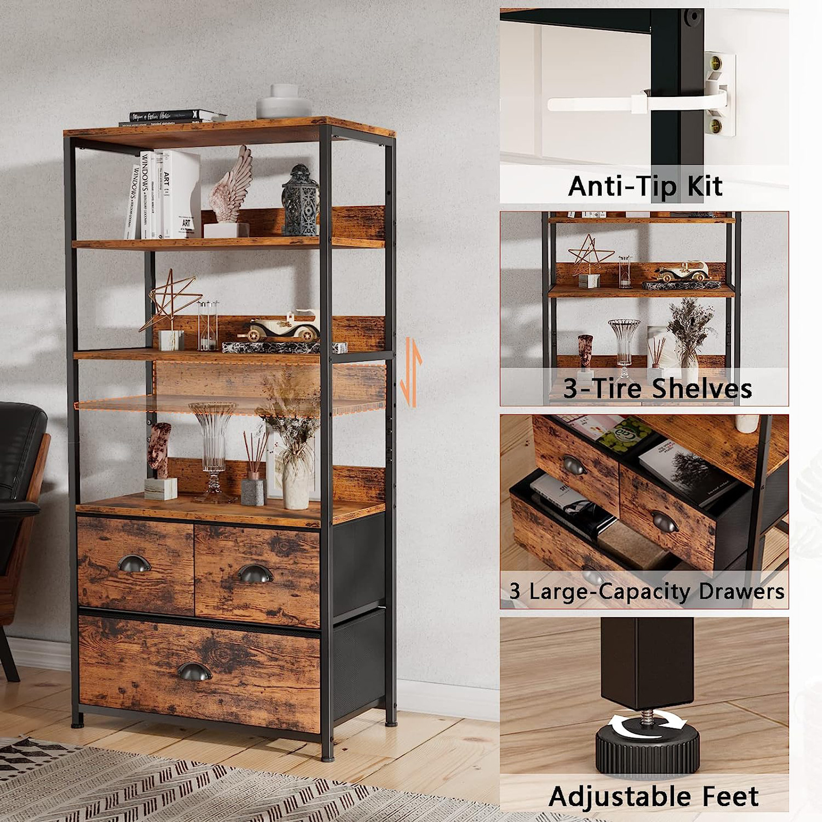 Tall Storage Shelf 4-Tier Bookshelf Rack with 3 Fabric Storage Drawers Wood top for Photos, Display in Bedroom