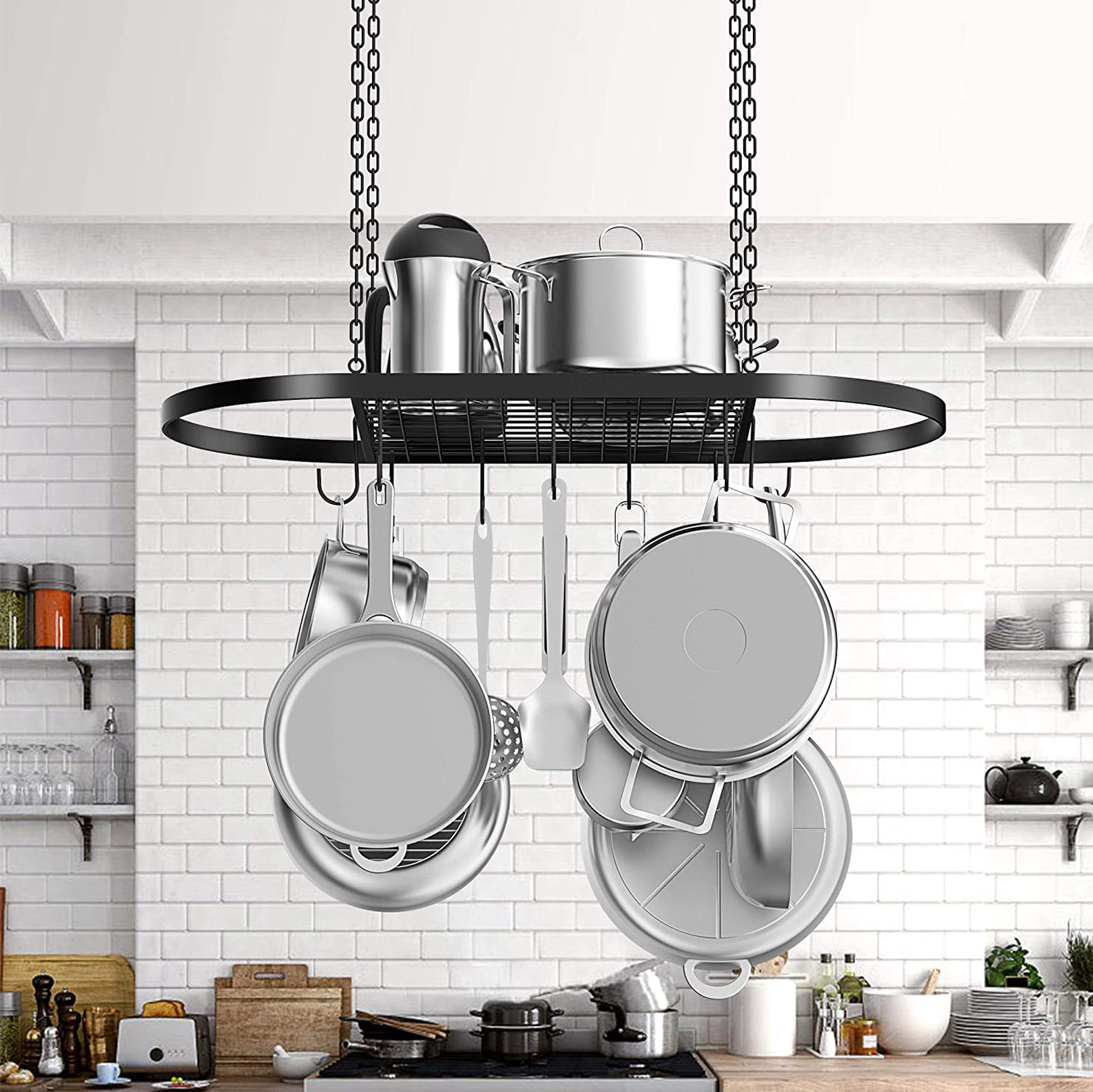 Pot Rack,metal Kitchen Storage Holder Adjustable Hanging Ceiling Pot Rack with Hooks