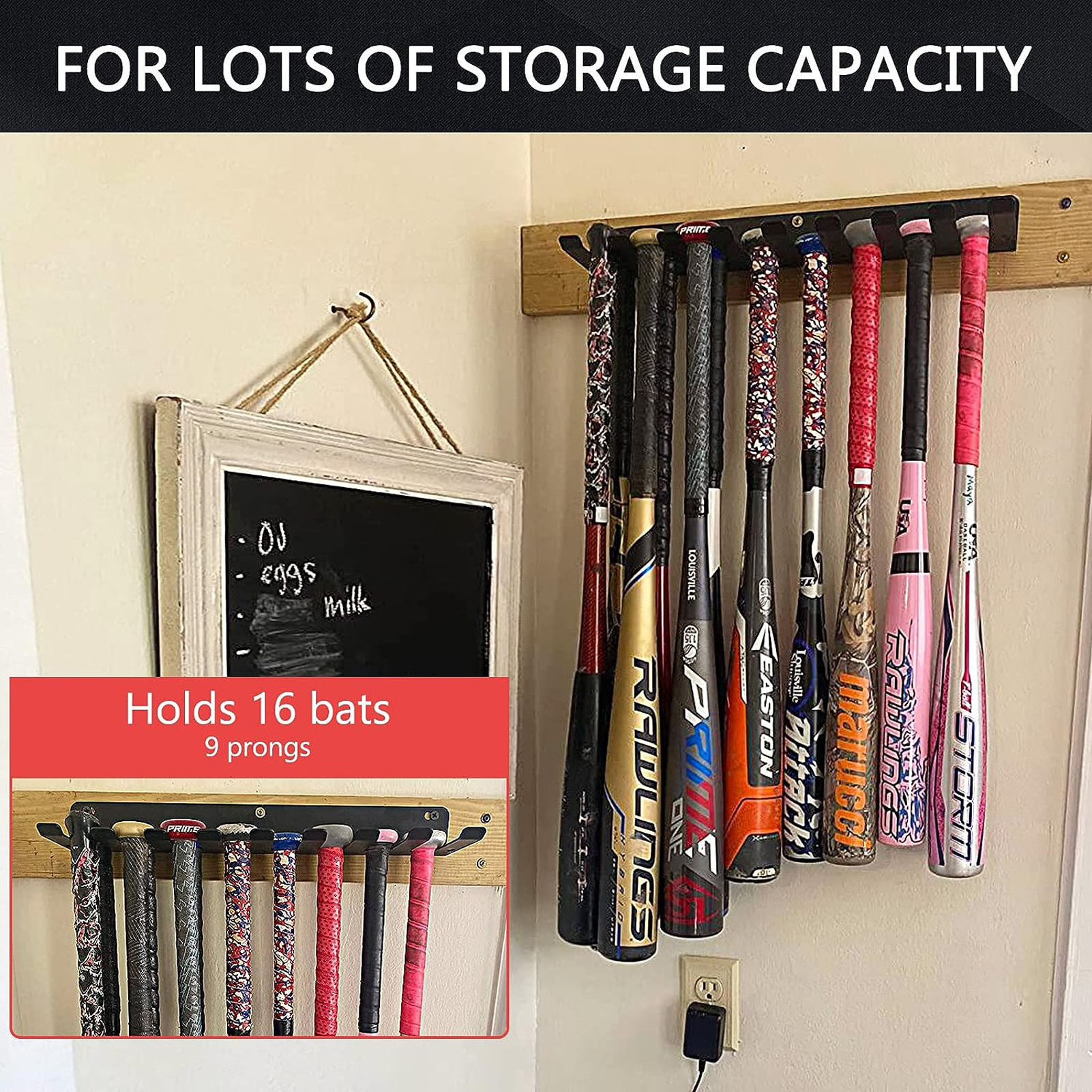 Metal Softball Bat Storage Rack Dual Function Baseball Bat or Ball Display Holder for Wall