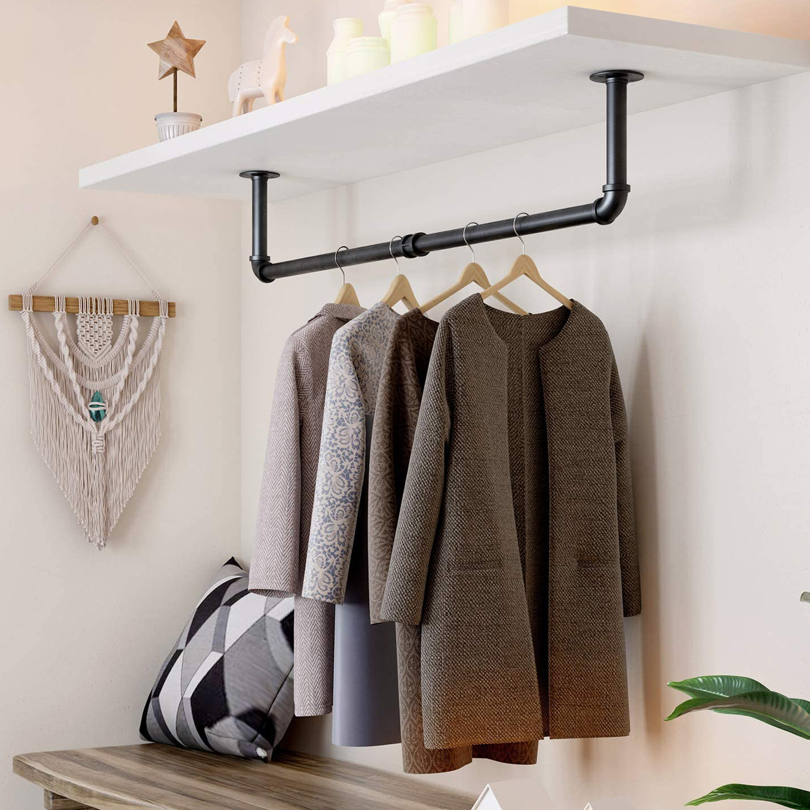 36in Heavy Duty Detachable Garment Bar Space-Saving Hanging Clothes Rack Industrial Pipe Wall Mounted Garment Rack