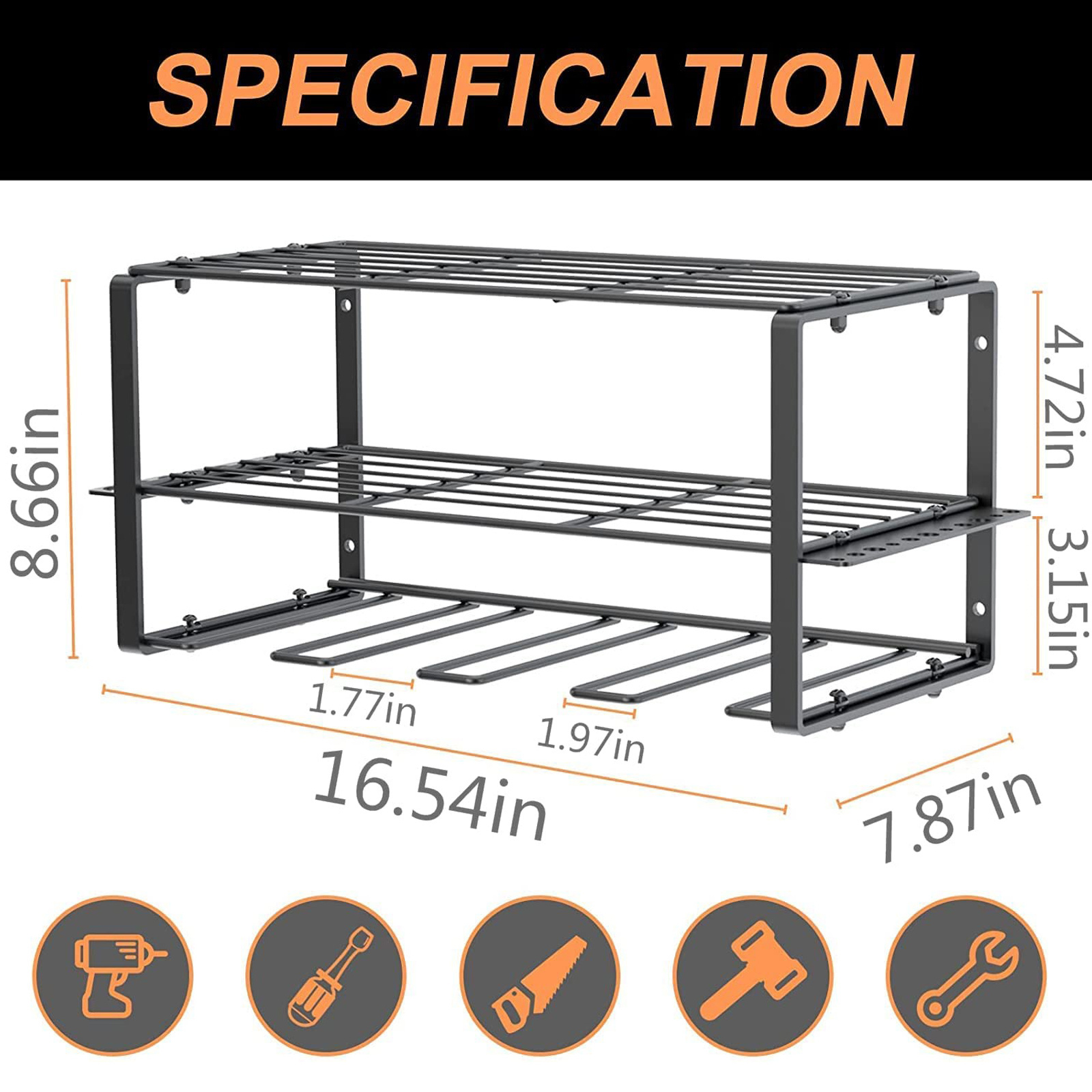 Metal Wire Drill Holder Heavy Duty Floating Tool Shelf Wall Mounted Storage Rack for Handheld & Power Tools Organizer