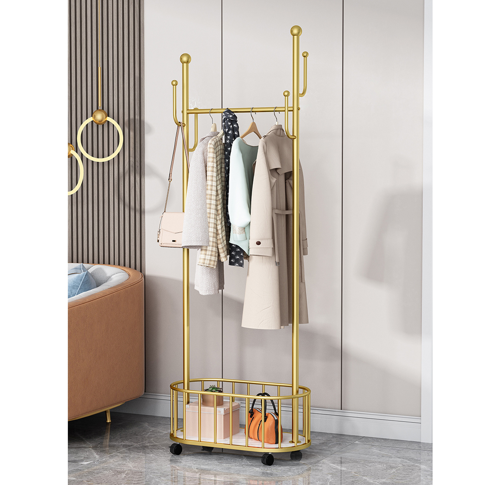 Wheeled Removable Coat Rack Bedroom floor Hanger Light Luxury Home Living Room Clothes Storage Shelf Coat Rack