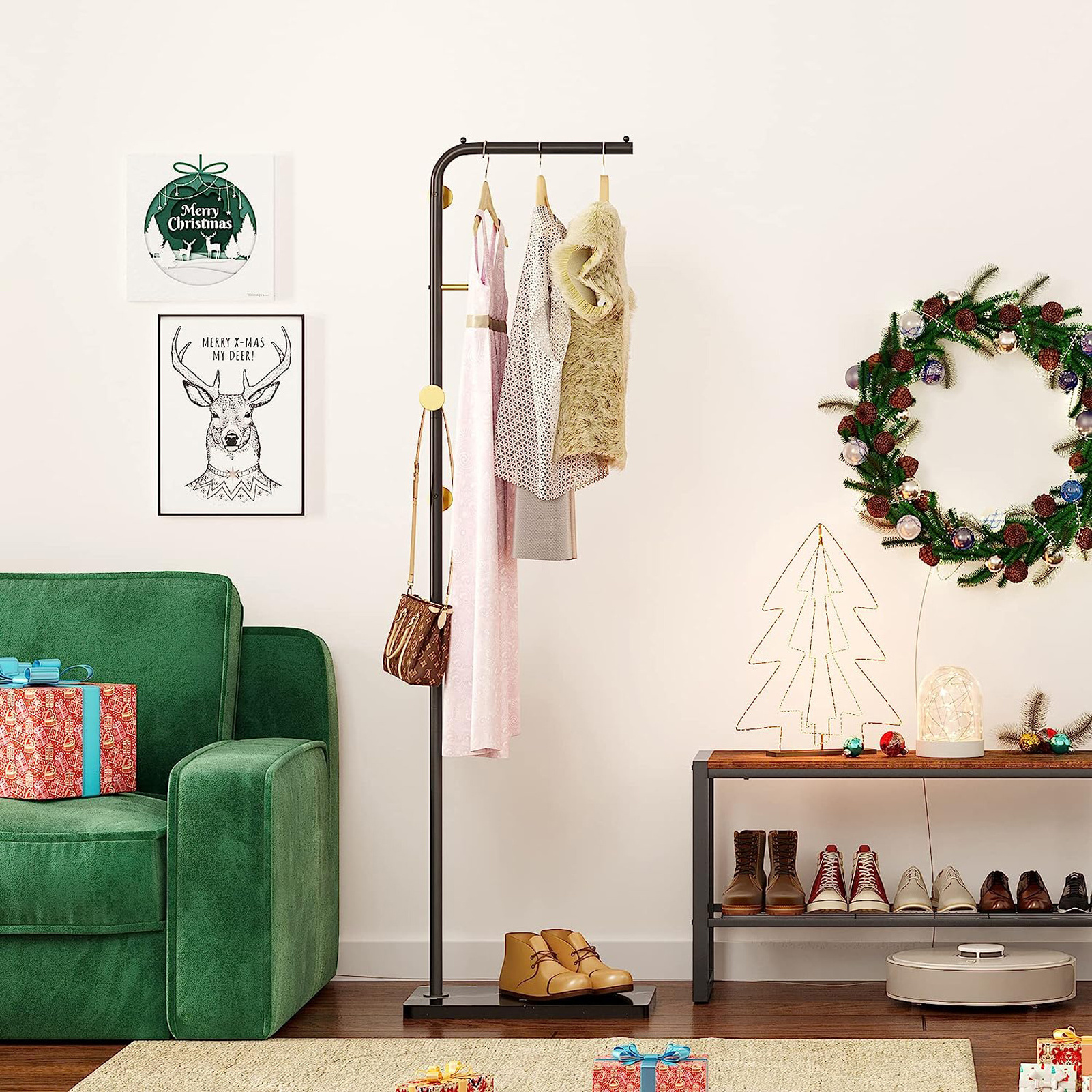 Metal Coat Rack with 4 Hooks and Stable Base, Modern Coat Tree with Crossbar L Shaped Coat Hanger Stand