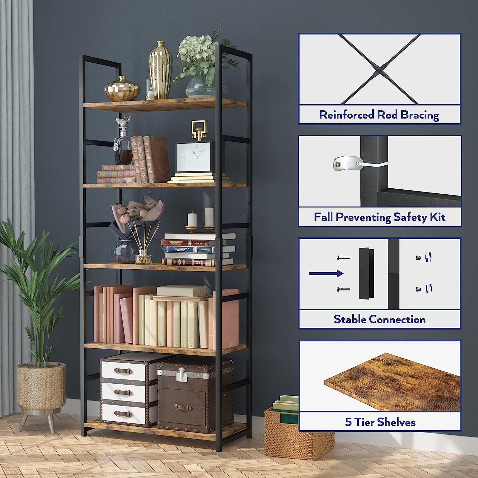 5 Tier Bookshelf Tall Bookcase Shelf Storage Organizer Modern Book Shelf for Bedroom Living Room and Home Office