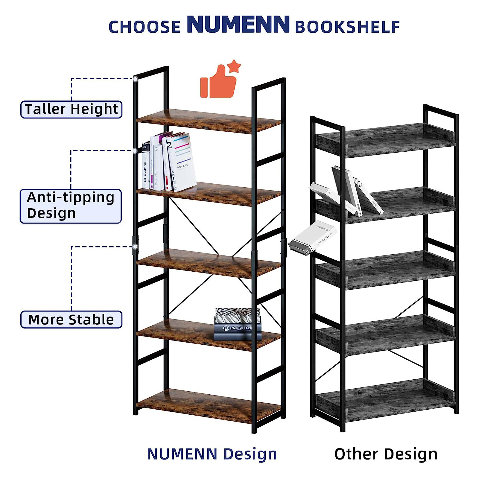 5 Tier Bookshelf Tall Bookcase Shelf Storage Organizer Modern Book Shelf for Bedroom Living Room and Home Office