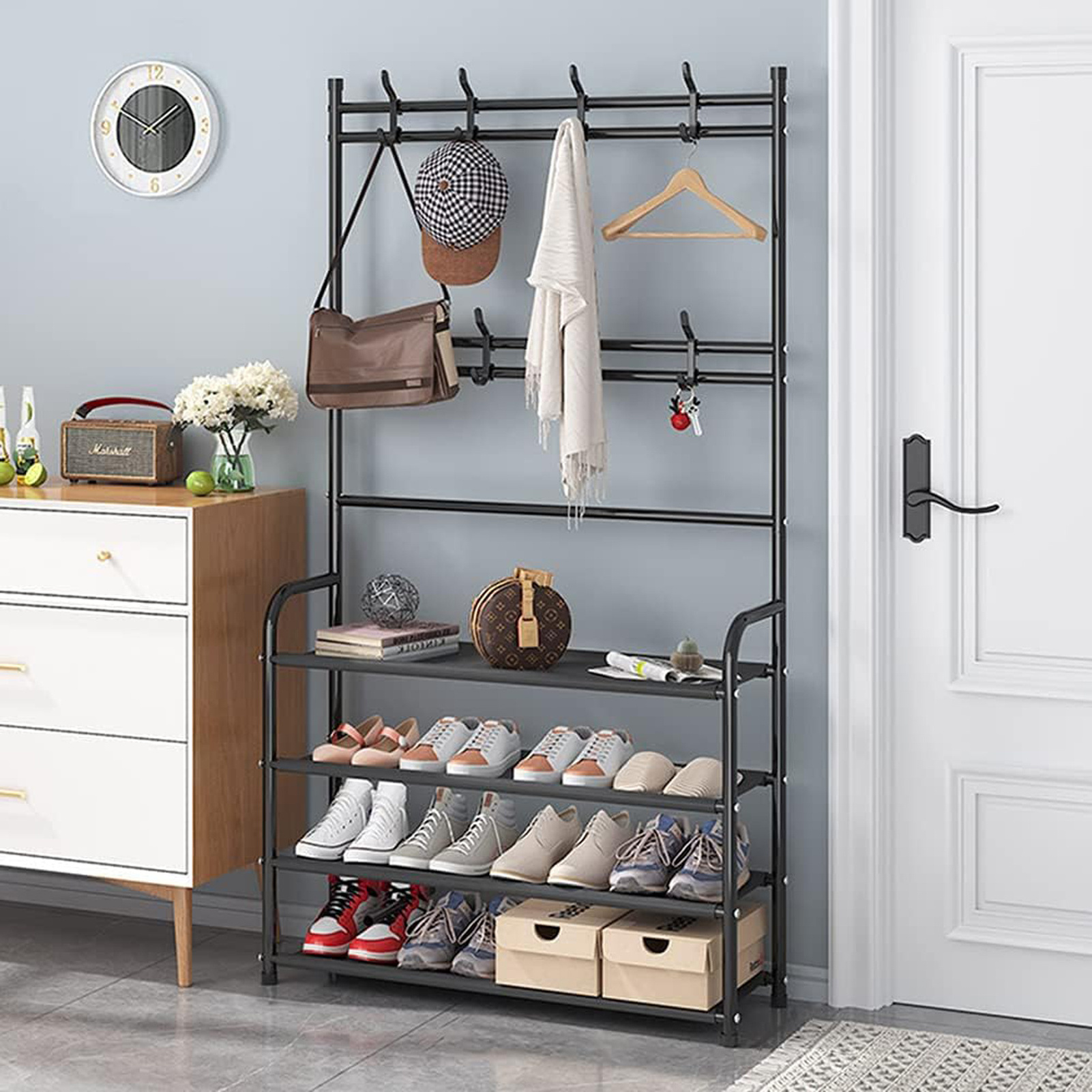 Multifunctional Shoe and Coat Rack Entryway Shoe Rack Storage Organizer 4 Tier Free Standing Metal Shoe Shelf