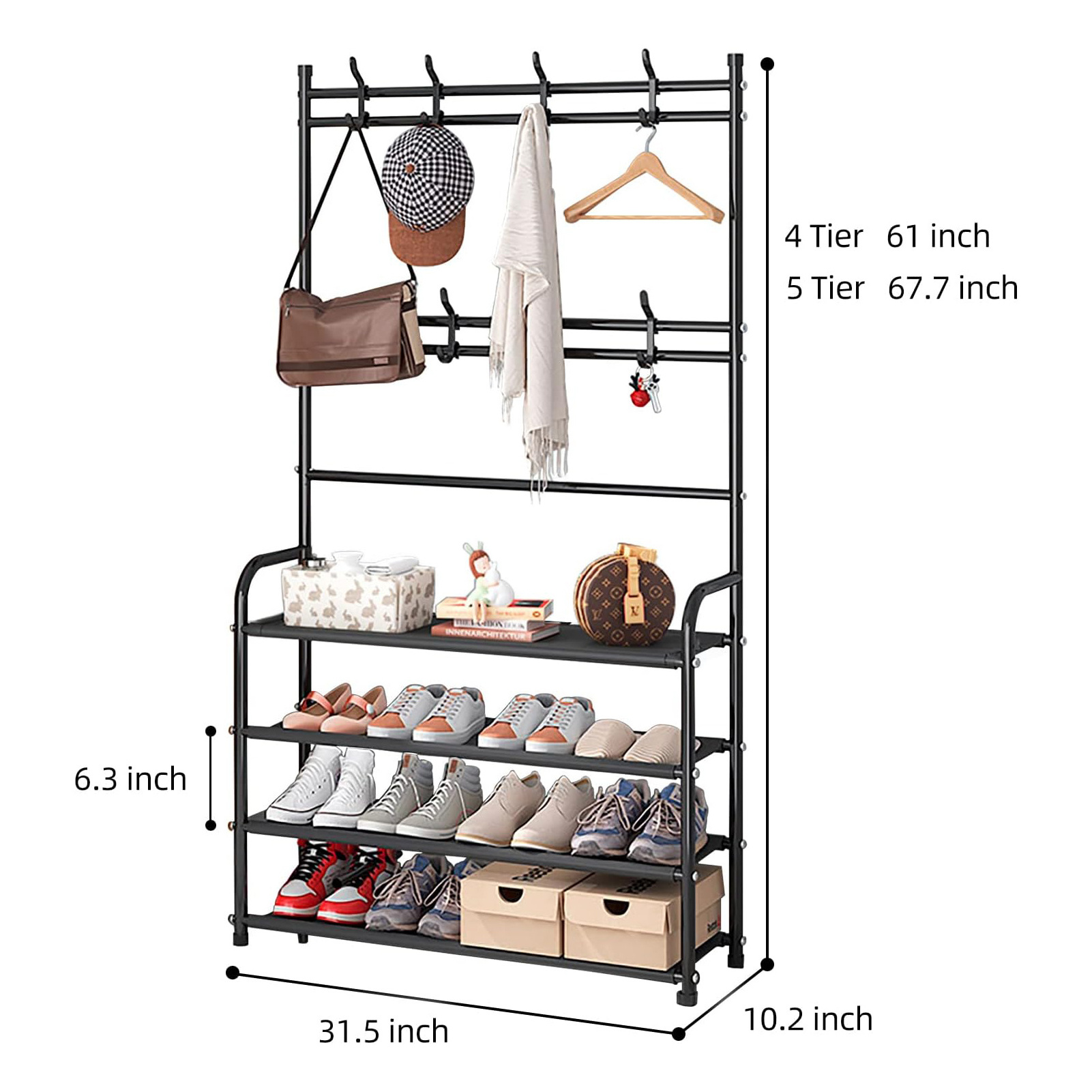 Multifunctional Shoe and Coat Rack Entryway Shoe Rack Storage Organizer 4 Tier Free Standing Metal Shoe Shelf