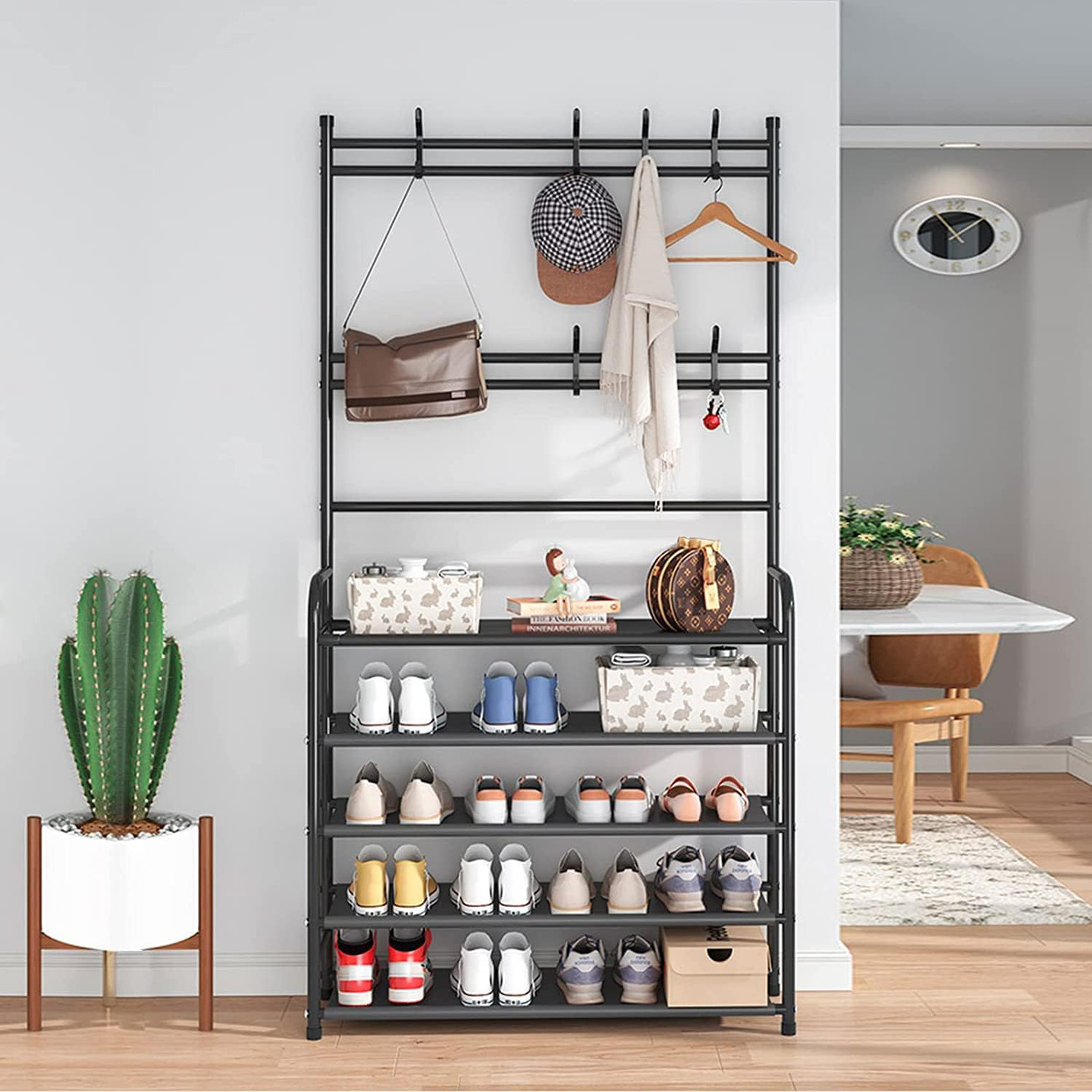 Multifunctional Shoe and Coat Rack Entryway Shoe Rack Storage Organizer 4 Tier Free Standing Metal Shoe Shelf