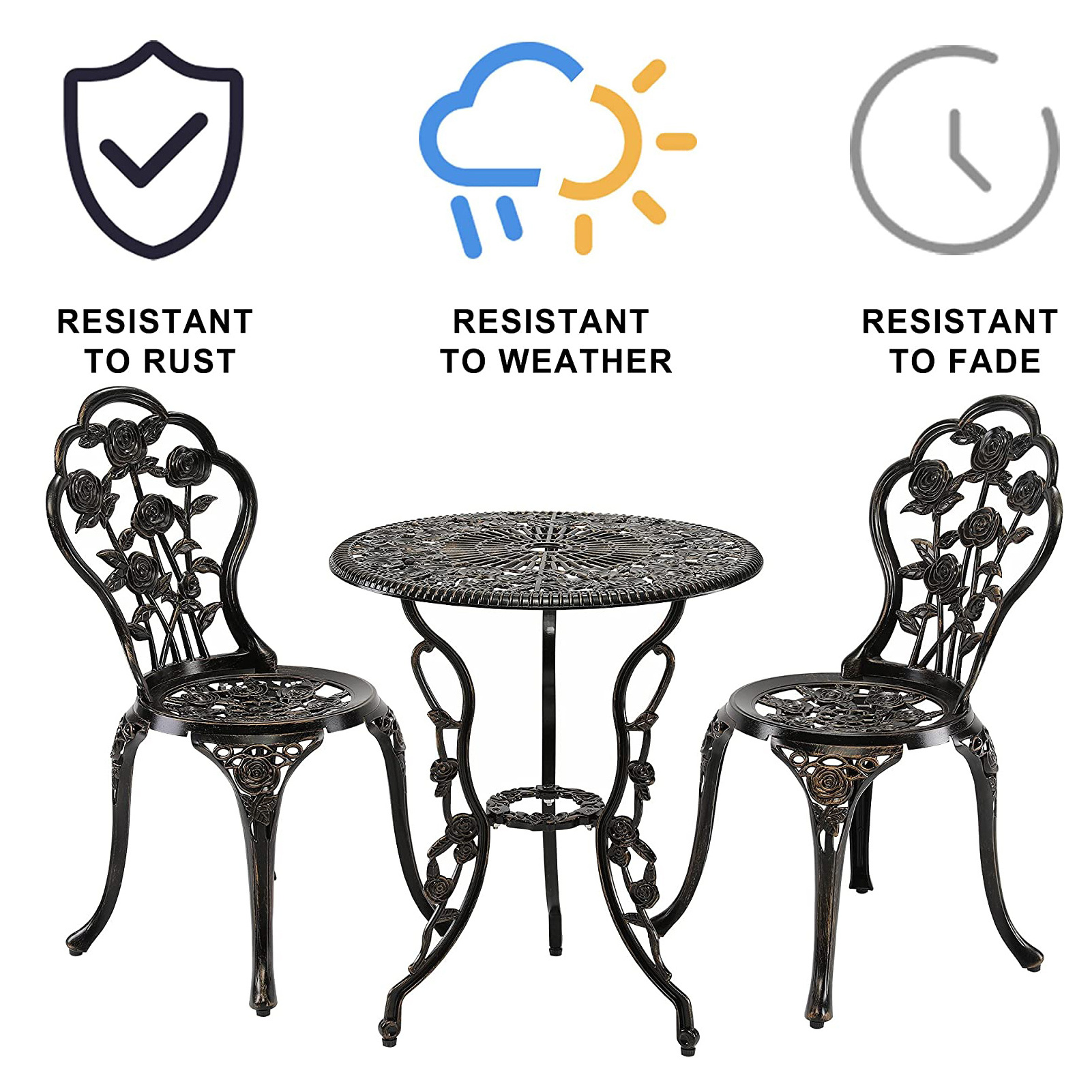 3-Piece Outdoor Bistro Set w/Rose Design Rust-Resistant Cast Outdoor Aluminum Garden Patio Table and Chair Set