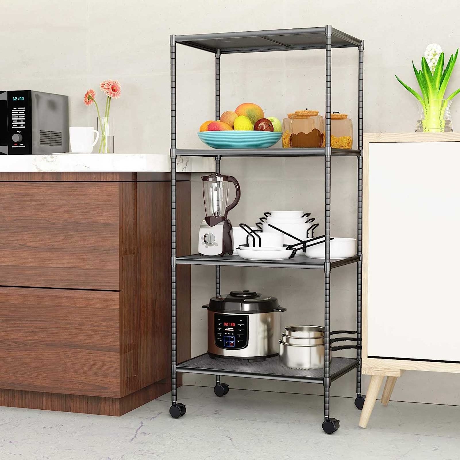 4-Tier Wire Storage Shelves Adjustable Shelving Units with Wheels Steel Metal Storage Rack for Kitchen Pantry Closet Laundry